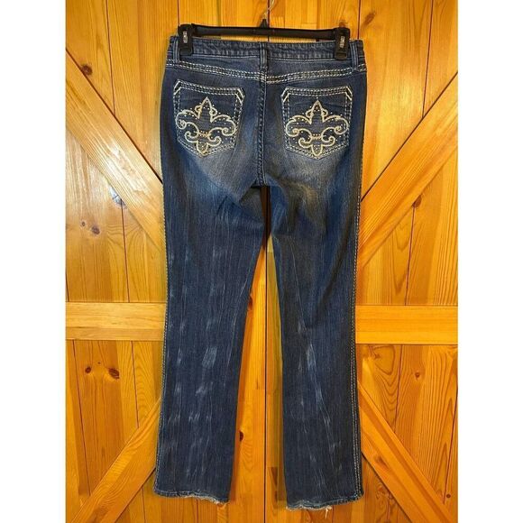 Rock 47 by Wrangler Low Rise Bootcut Dark Wash Jeans Distressed Size 32 READ (88 - Picture 6 of 8